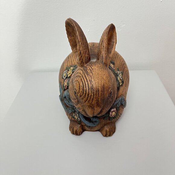 Vintage Resin 8" Faux Wooden Rabbit Figurine w/Flower Necklace Intricate - Picture 2 of 4